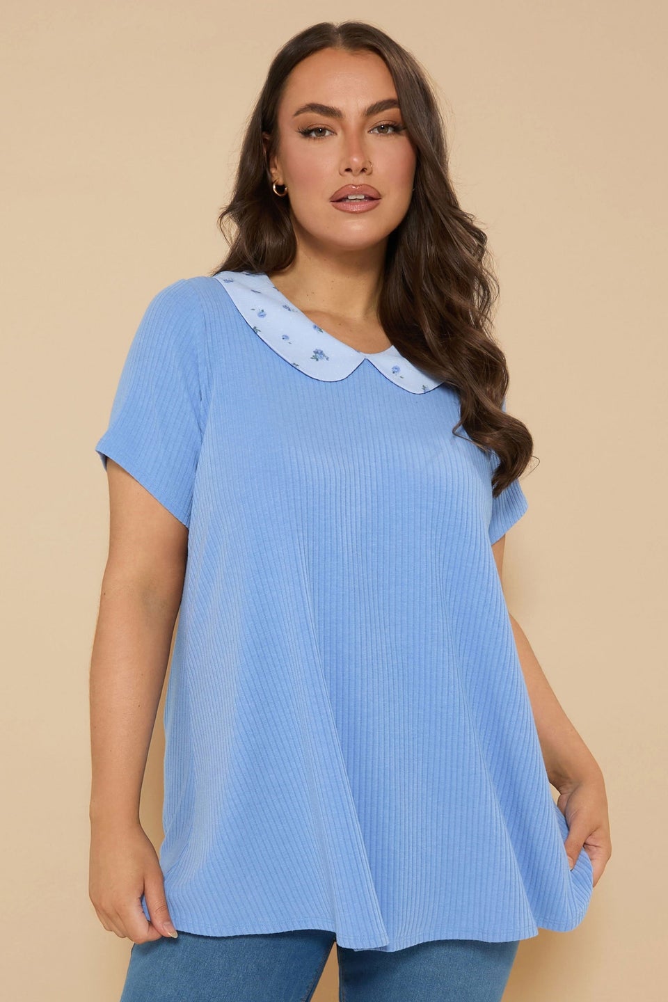 Yours Curve Blue Ditsy Floral Collar Ribbed Swing Top