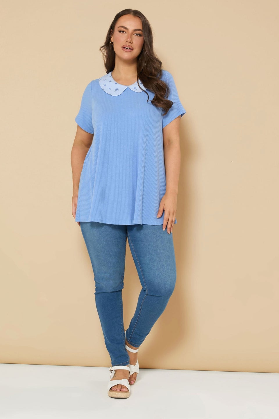 Yours Curve Blue Ditsy Floral Collar Ribbed Swing Top