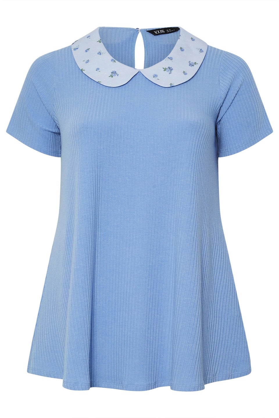 Yours Curve Blue Ditsy Floral Collar Ribbed Swing Top