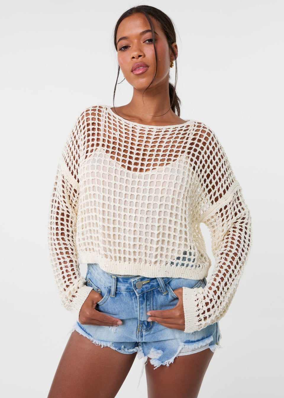 Pink Vanilla Stone Sequin Crochet Jumper