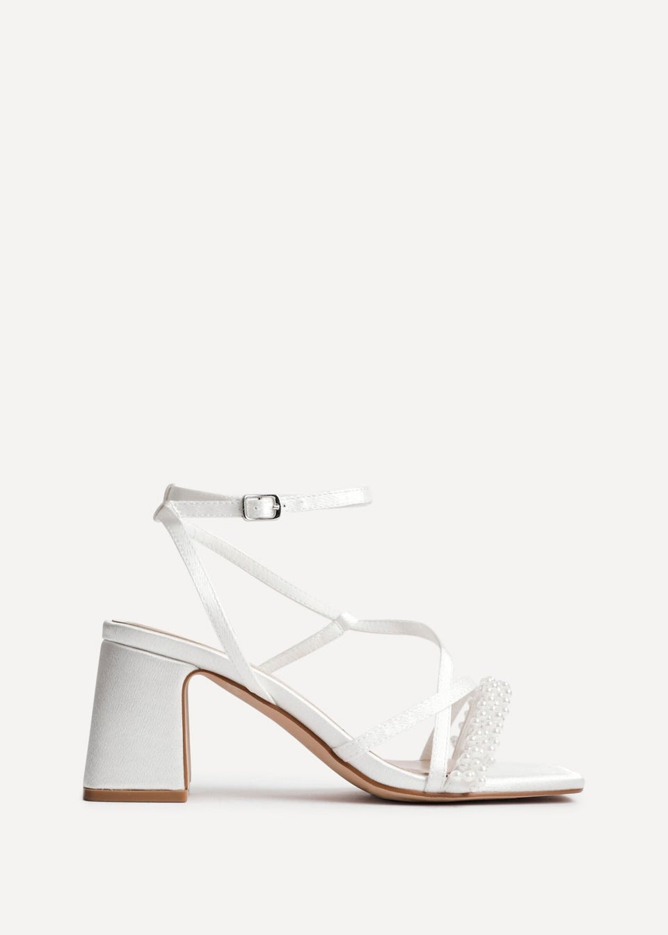 Linzi Promise Wide Fit Ivory Satin Strappy Pearl Embellished Heeled Sandal