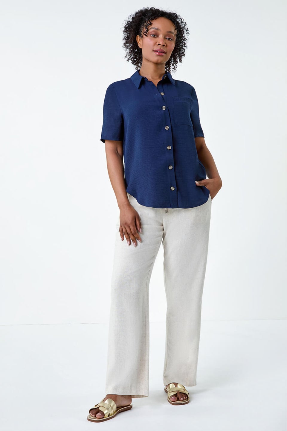 Roman Navy Petite Button Up Pocket Shirt