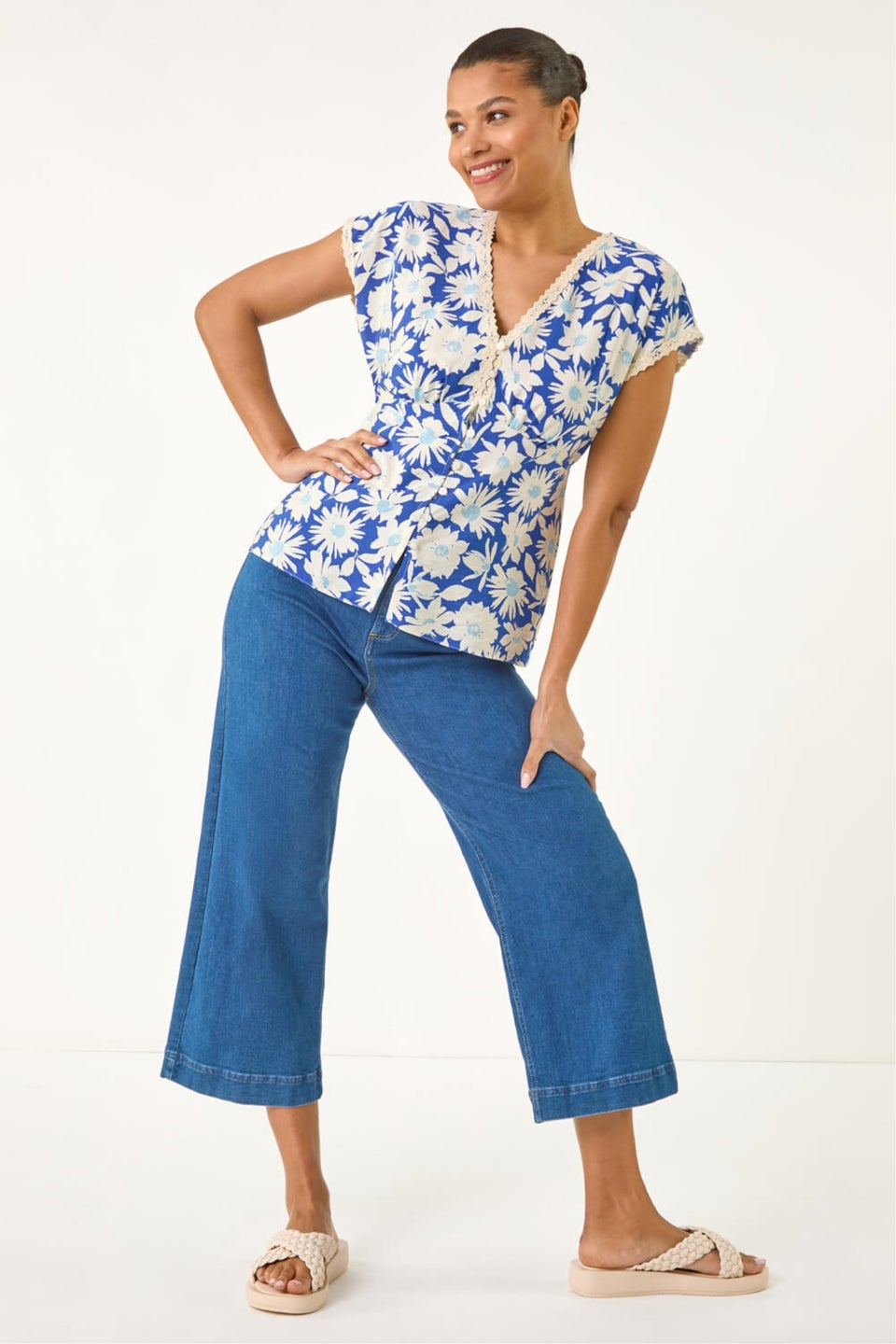 Roman Blue Floral Print Lace Trim Top