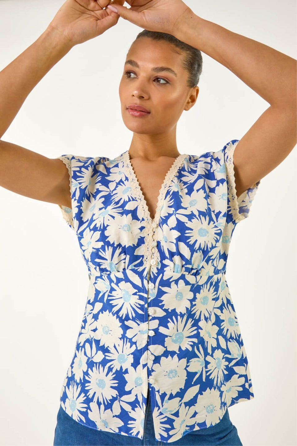 Roman Blue Floral Print Lace Trim Top