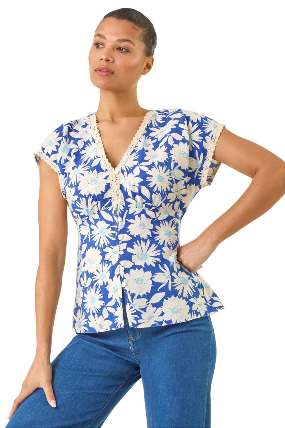Roman Blue Floral Print Lace Trim Top