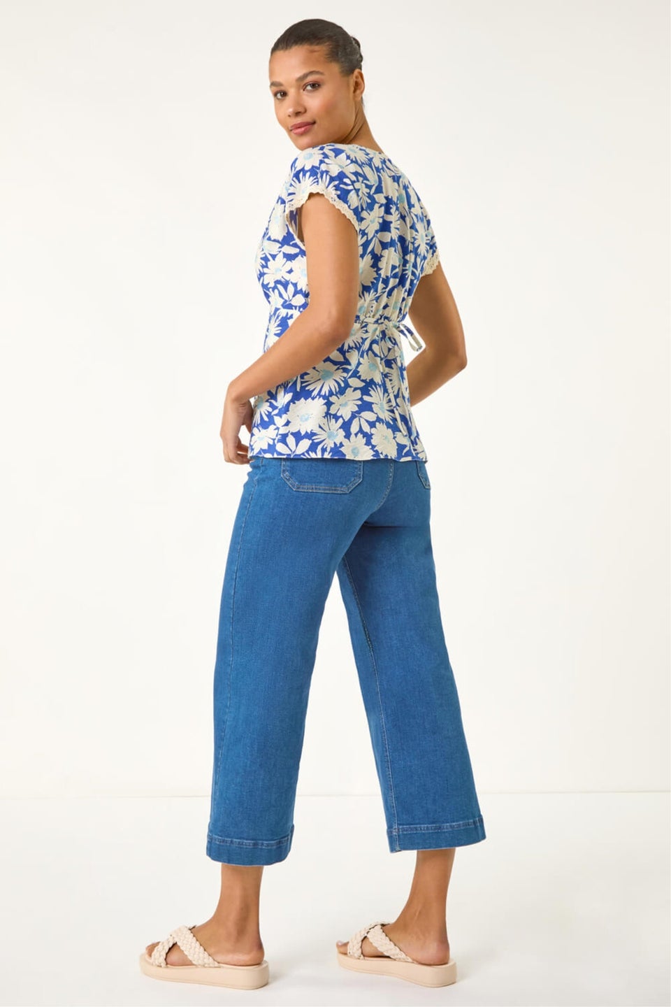 Roman Blue Floral Print Lace Trim Top