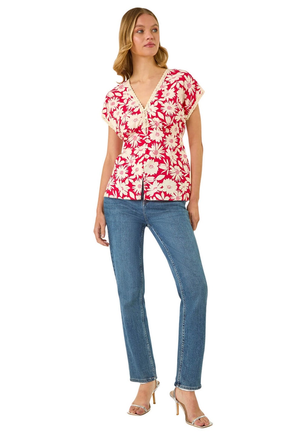 Roman Red Floral Print Lace Trim Top