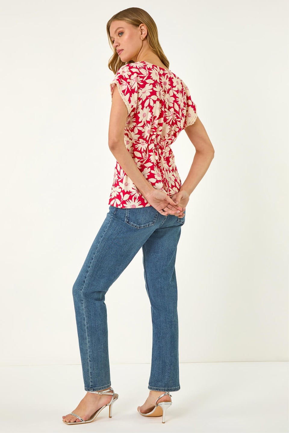Roman Red Floral Print Lace Trim Top