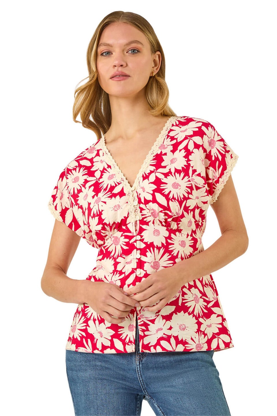 Roman Red Floral Print Lace Trim Top