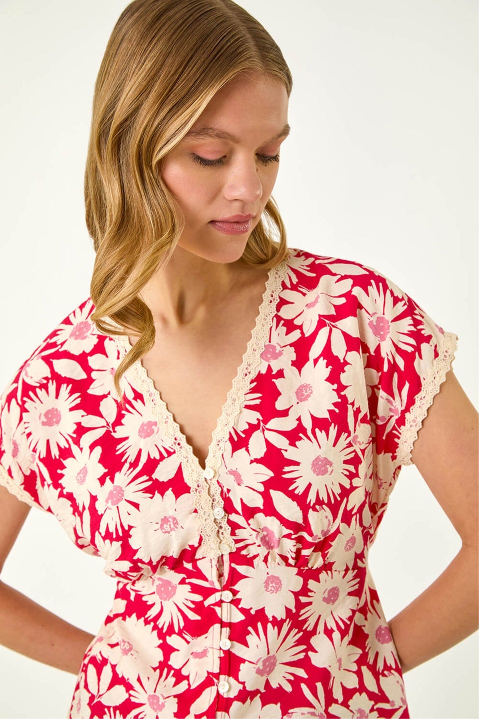 Roman Red Floral Print Lace Trim Top