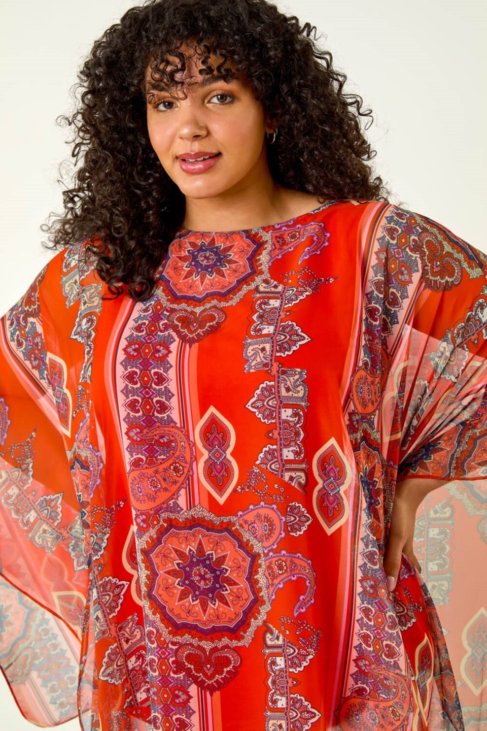 Roman Red Curve Ikat Paisley Asymmetric Overlay Top