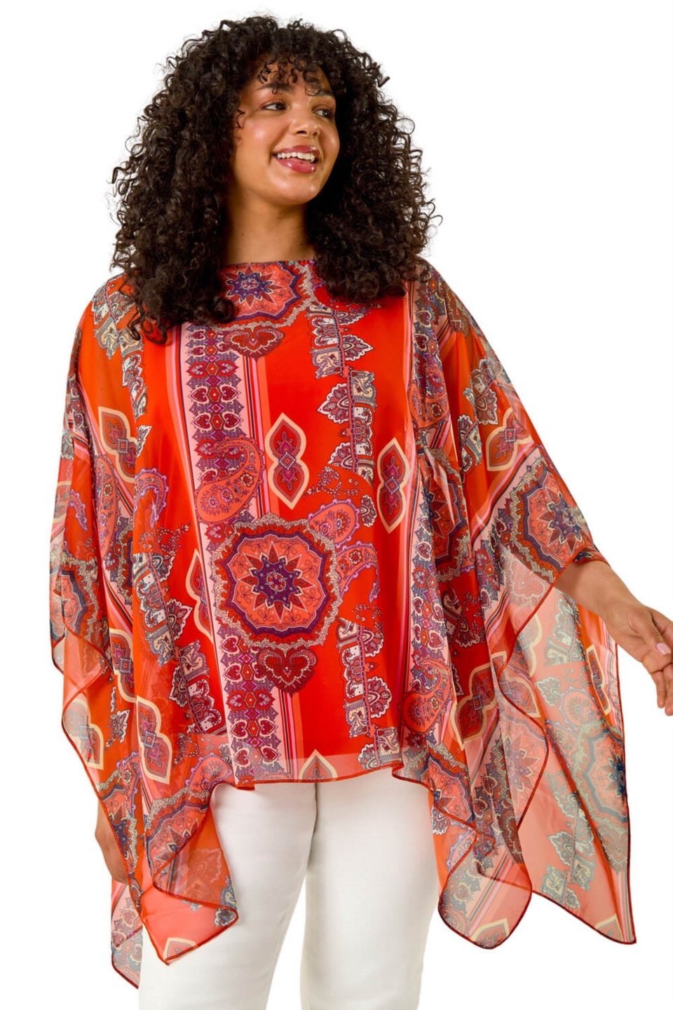 Roman Red Curve Ikat Paisley Asymmetric Overlay Top