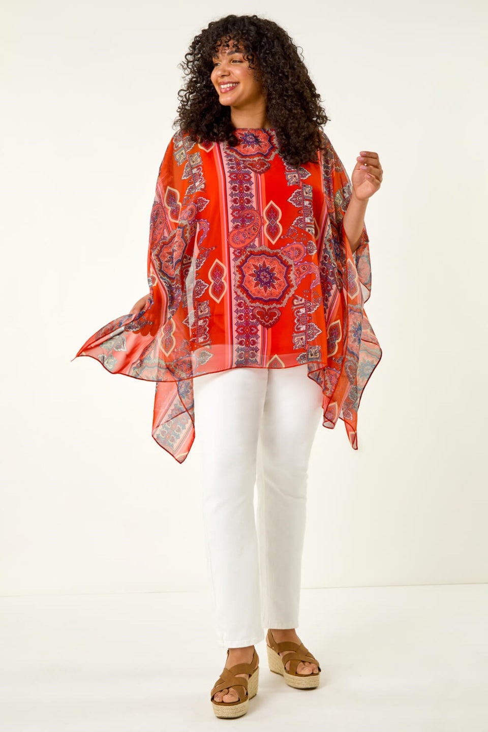 Roman Red Curve Ikat Paisley Asymmetric Overlay Top