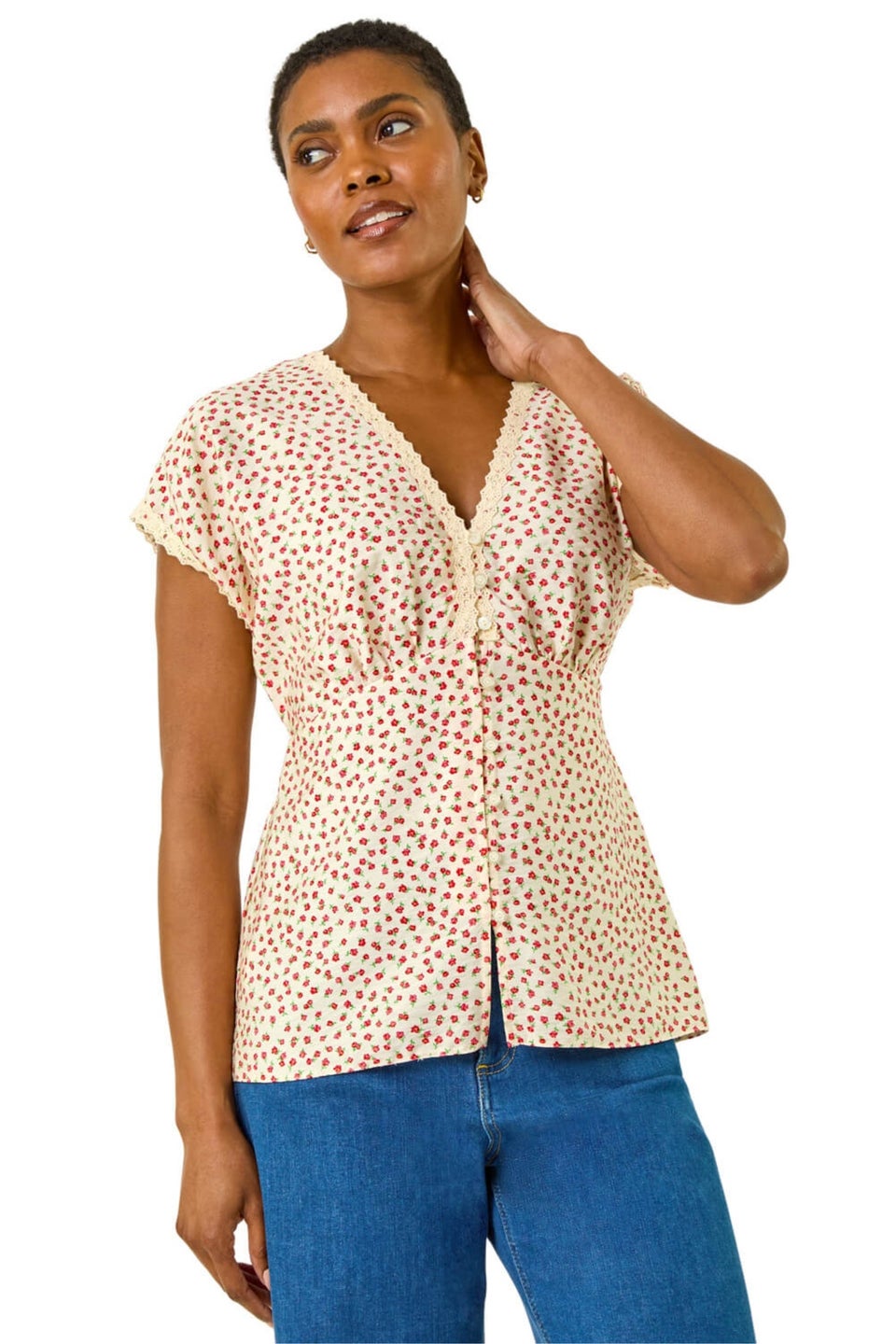 Roman Pink Floral Ditsy Print Lace Trim Top