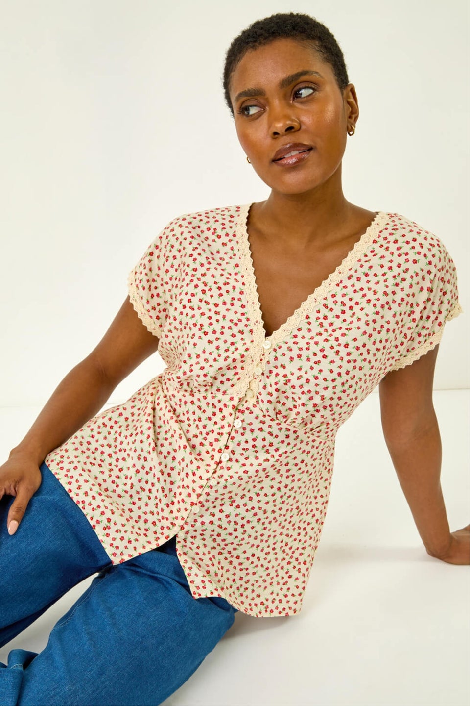 Roman Pink Floral Ditsy Print Lace Trim Top