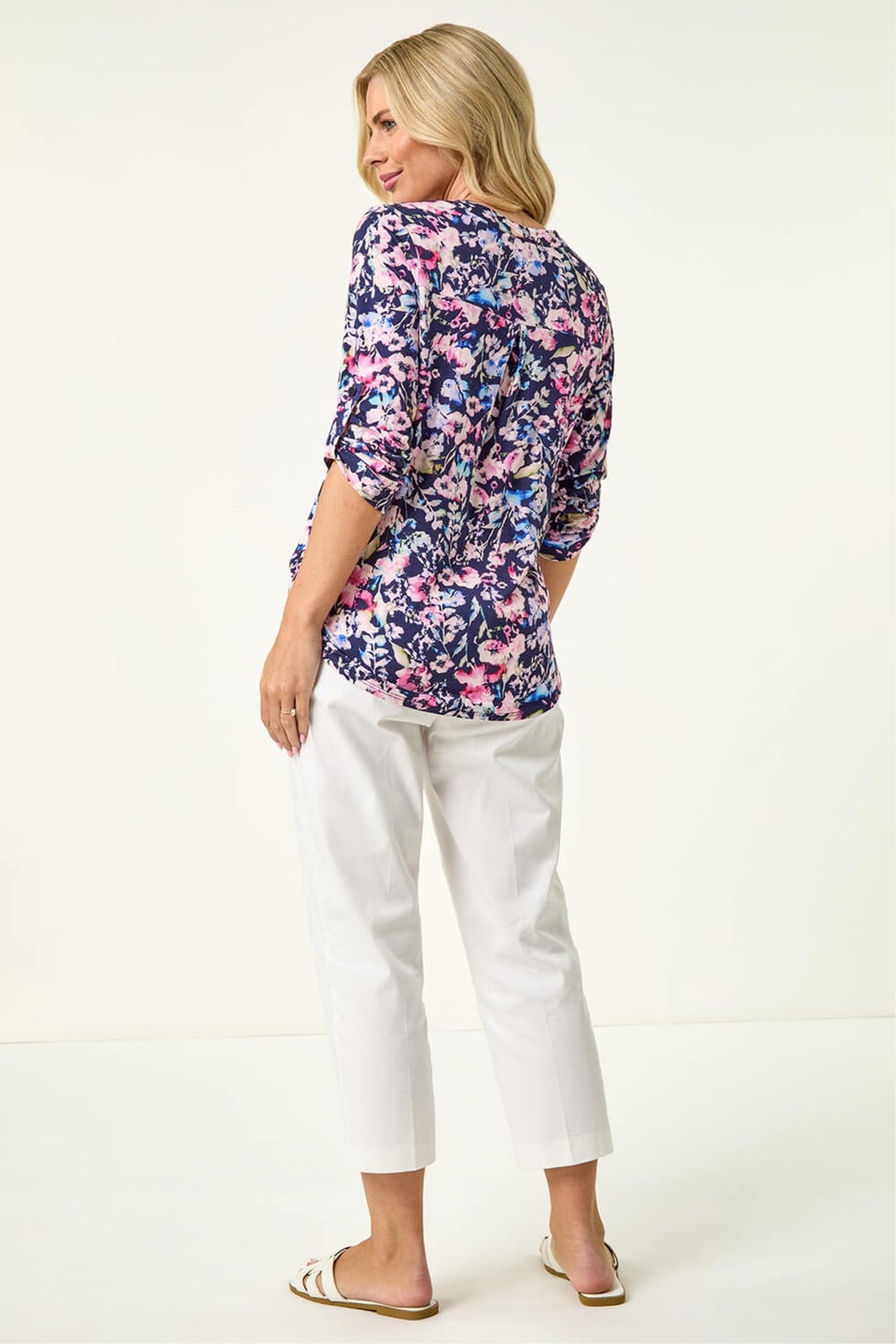 Roman Navy Petite Floral Print Button Stretch Shirt