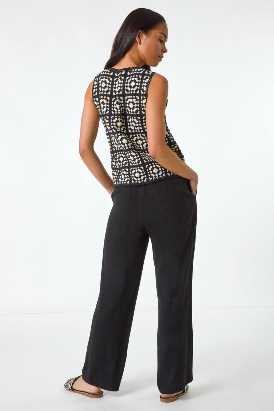 Roman Black Petite Crochet Patchwork Top