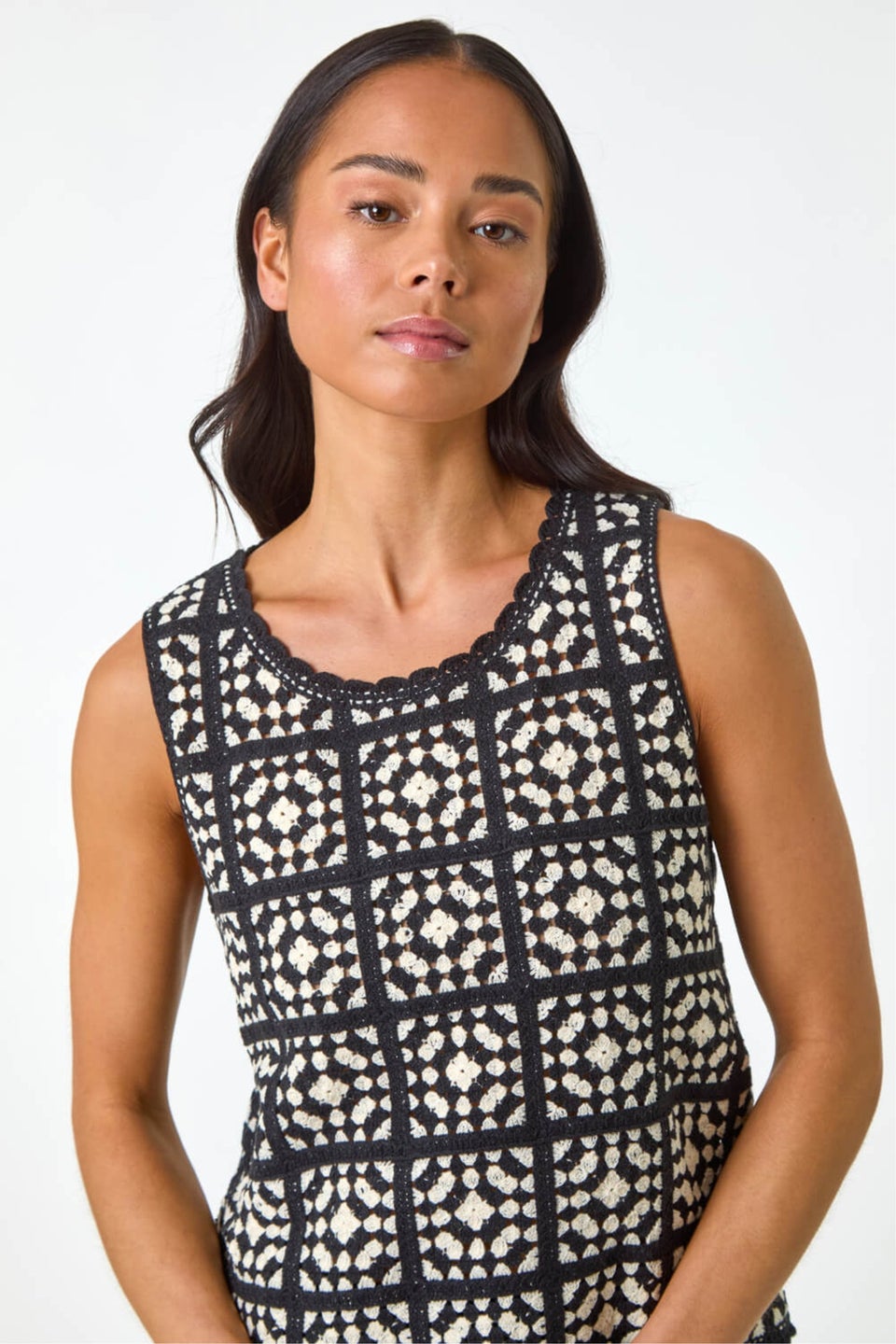 Roman Black Petite Crochet Patchwork Top