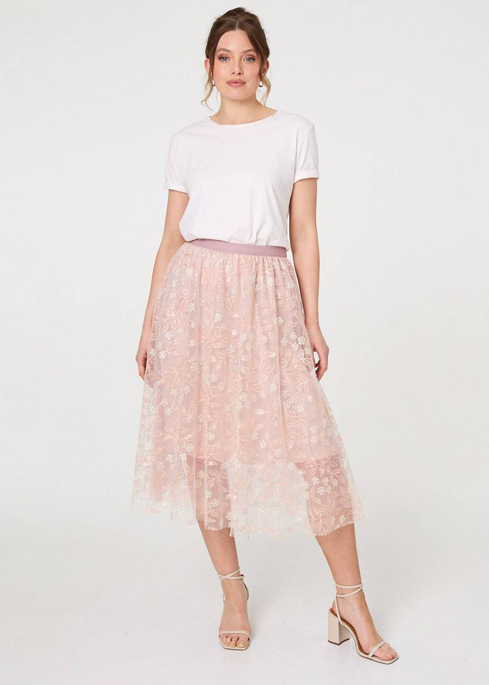 Izabel London Pink Floral Mesh Layered Midi Skirt