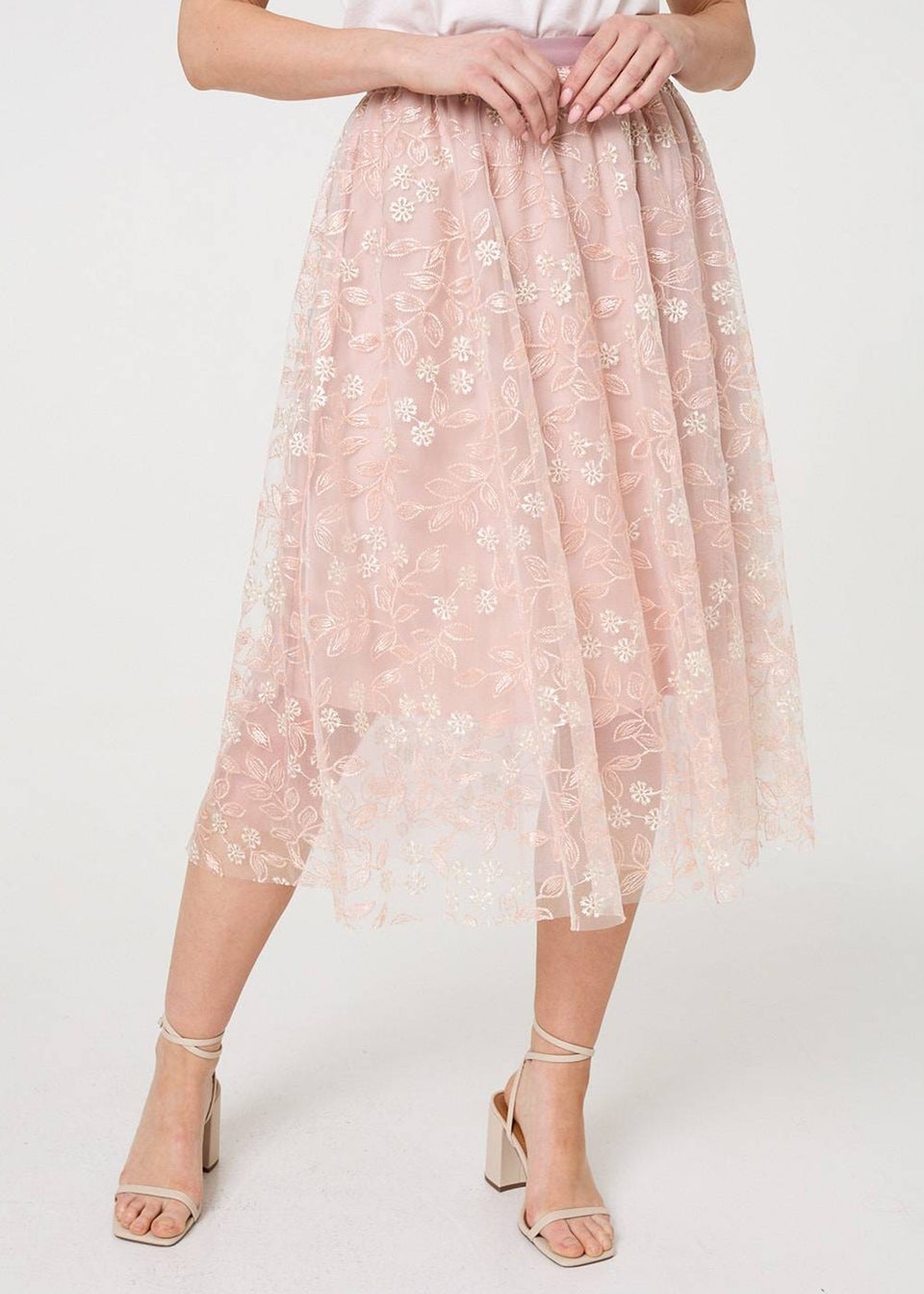 Izabel London Pink Floral Mesh Layered Midi Skirt