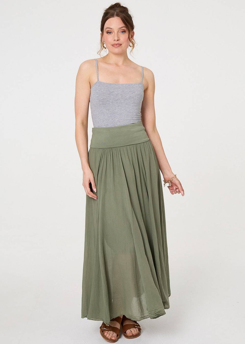 Izabel London Khaki 2 In 1 Stretchy A-Line Maxi Skirt Dress