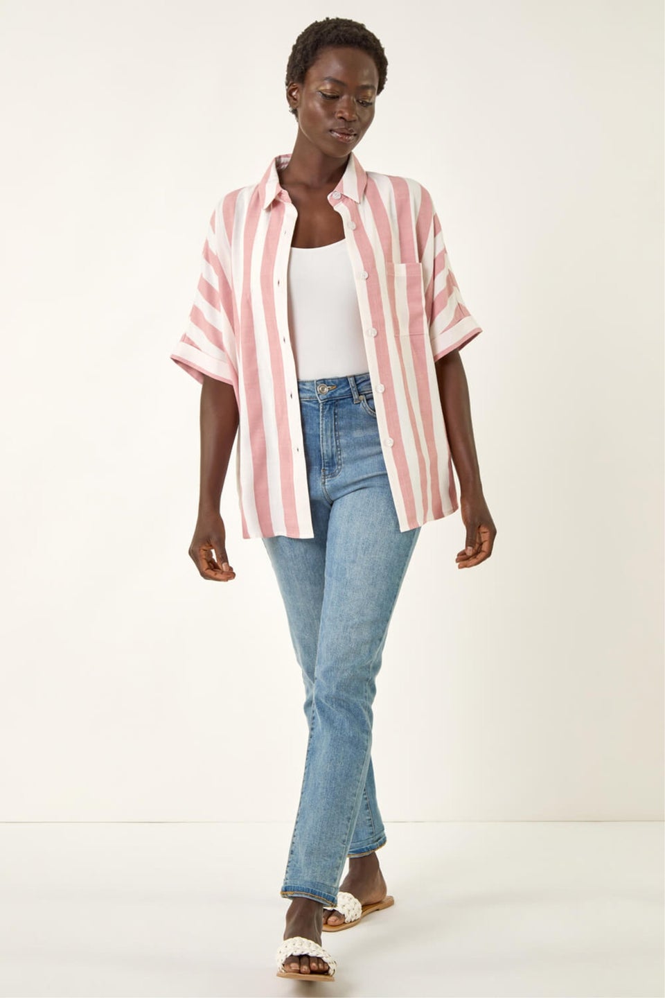 Roman Light Pink Stripe Print Buttoned Shirt