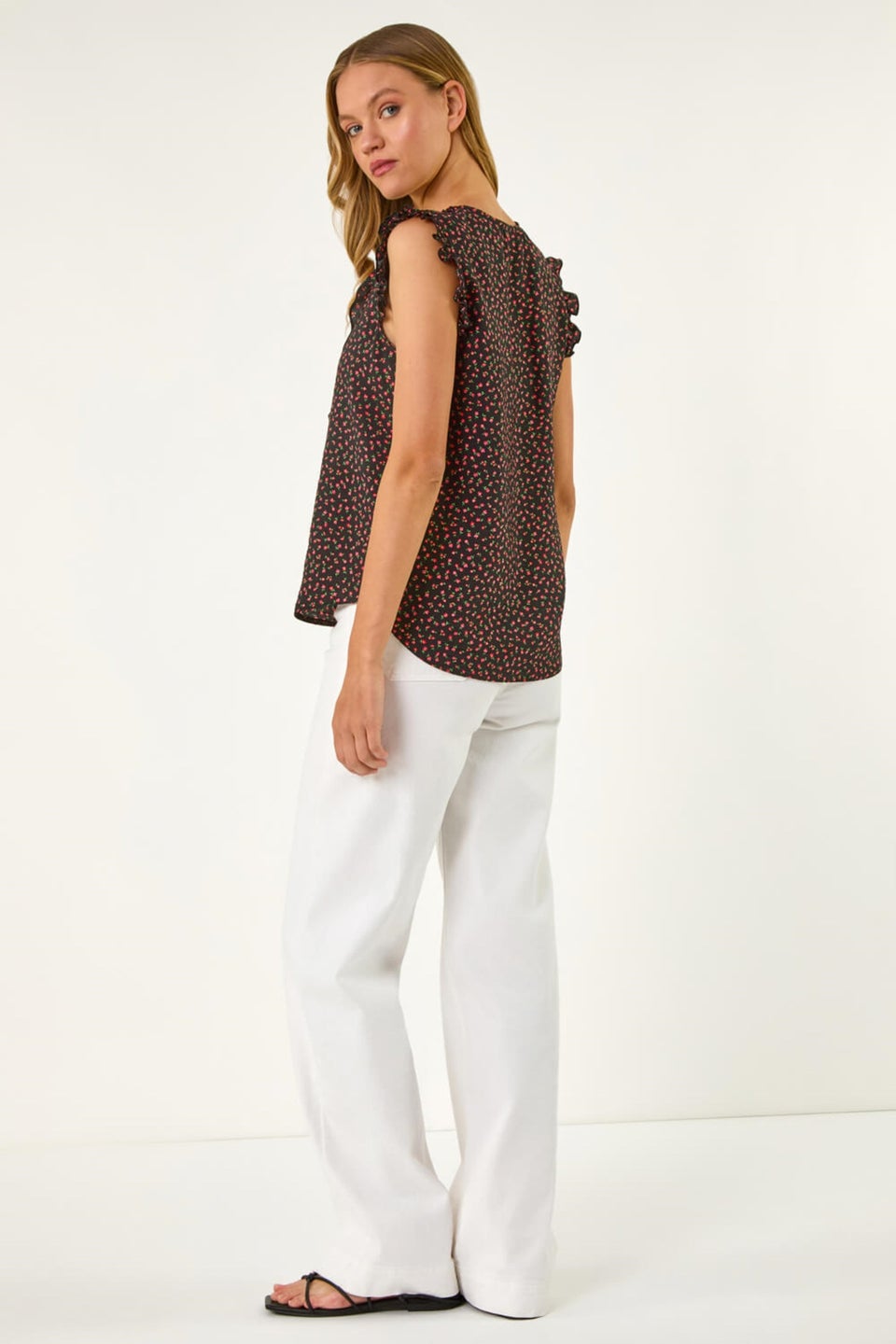 Roman Black Floral Print Ruffle Front Top
