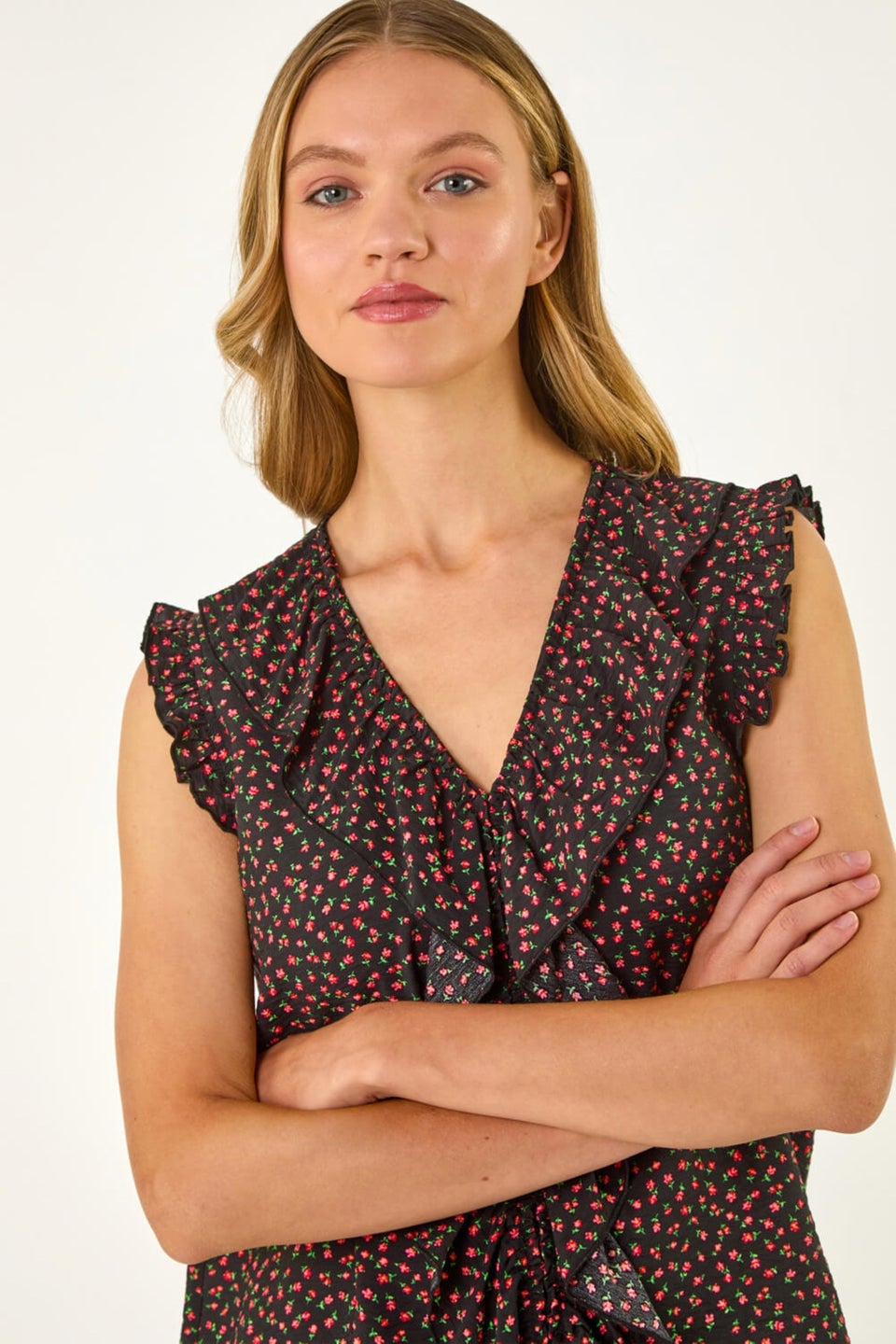 Roman Black Floral Print Ruffle Front Top