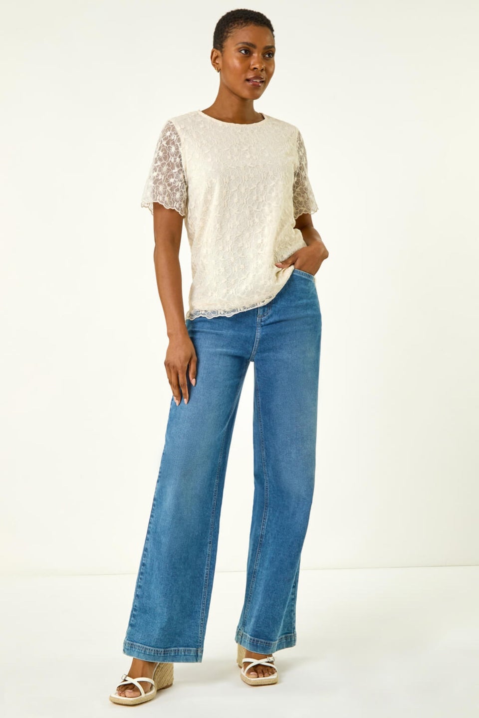 Roman Cream Floral Lace Overlay T-Shirt
