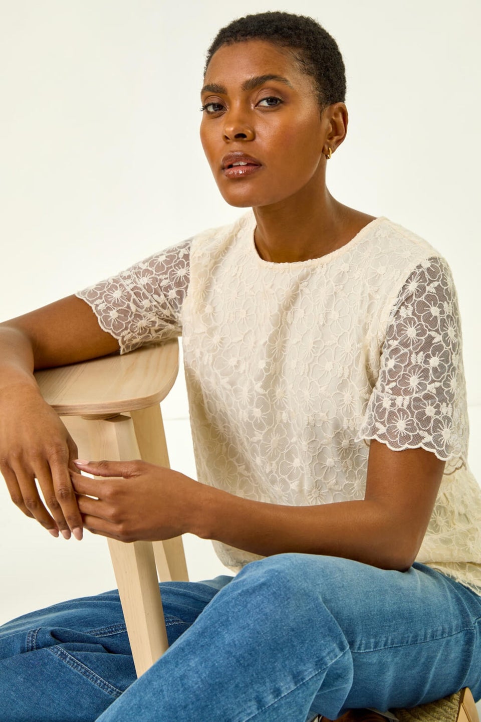 Roman Cream Floral Lace Overlay T-Shirt