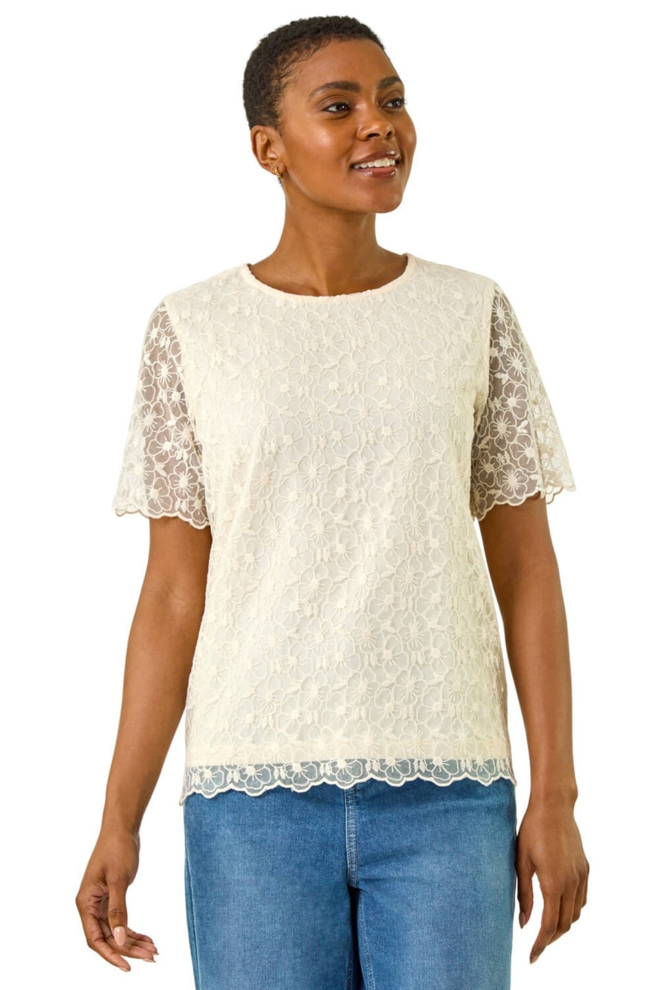 Roman Cream Floral Lace Overlay T-Shirt