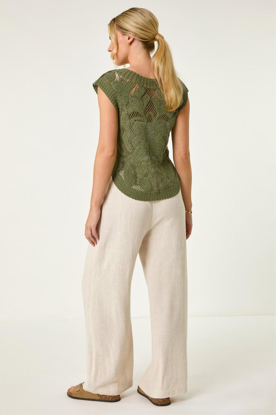 Roman Khaki Petite Curve Hem Crochet Top
