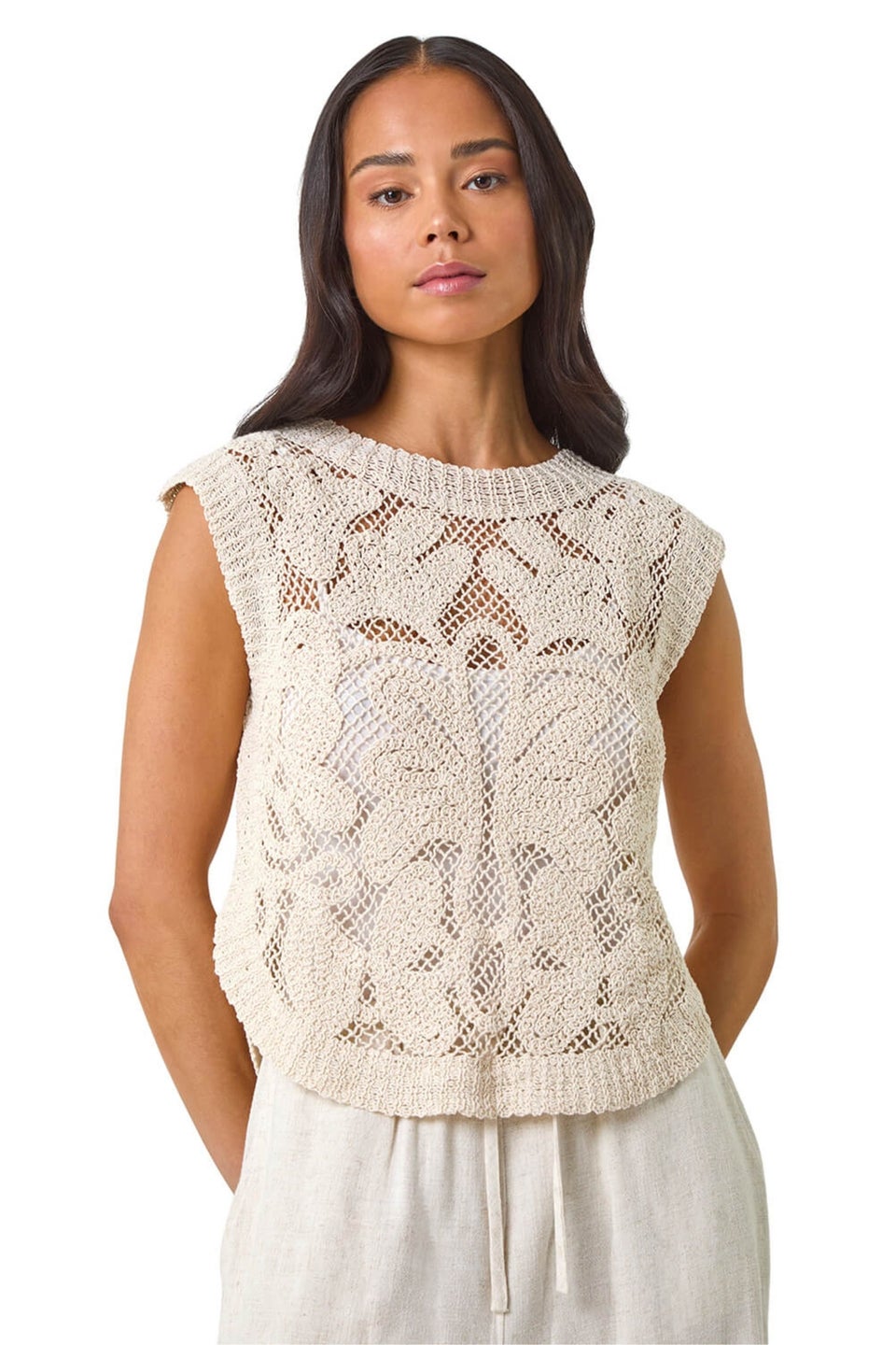 Roman Natural Petite Curve Hem Crochet Top