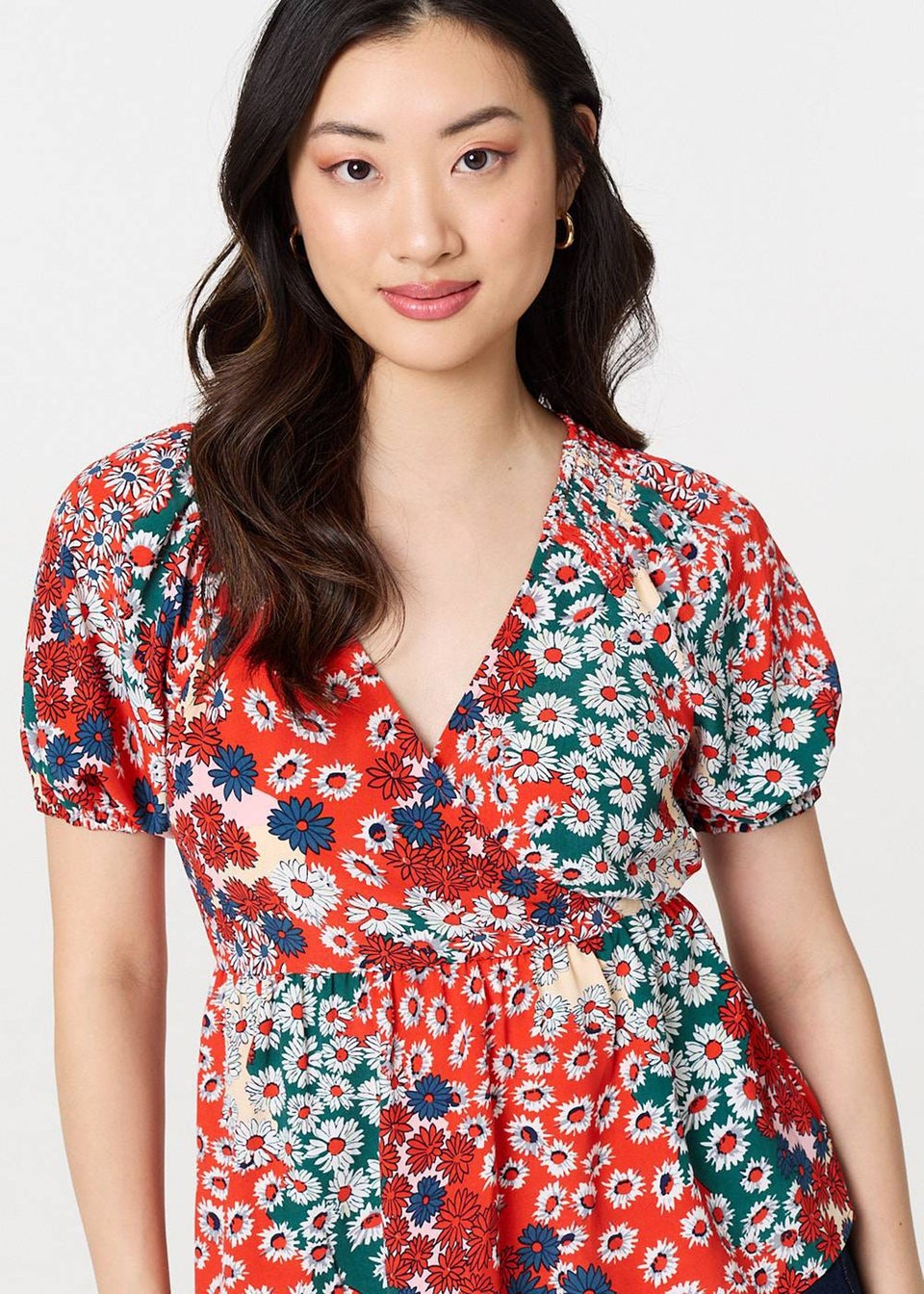 Izabel London Orange Ditsy Floral Faux Wrap V-Neck Top