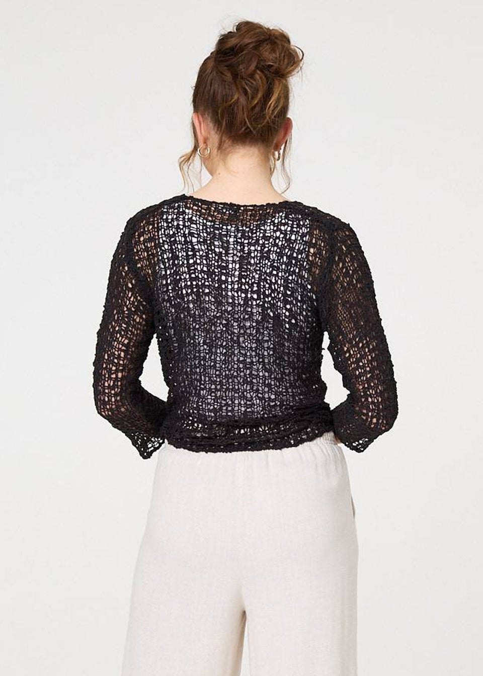 Izabel London Black Crochet Open Knit Waterfall Cardigan