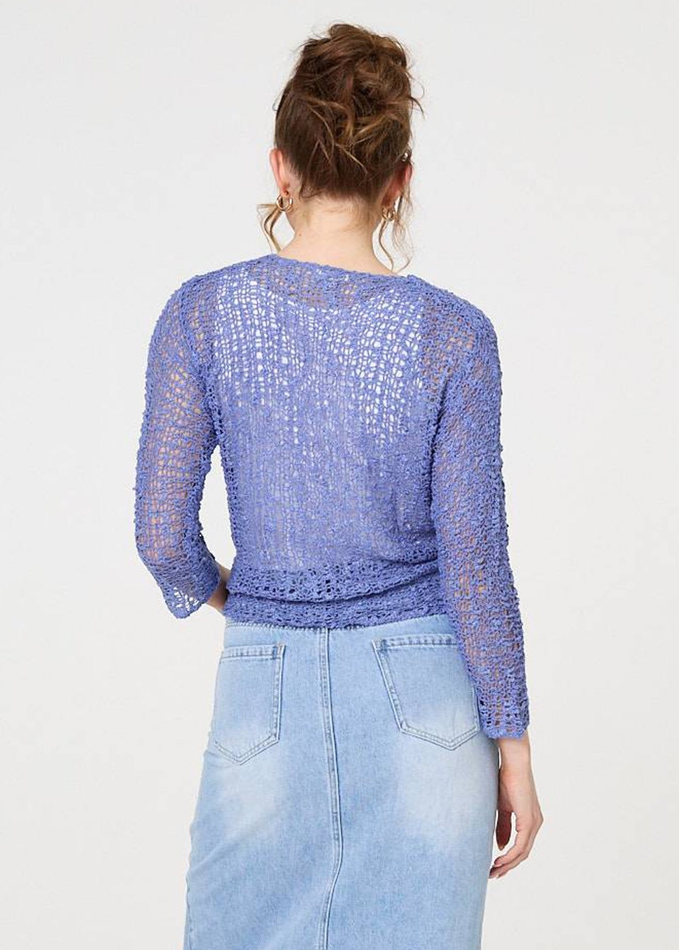 Izabel London Blue Crochet Open Knit Waterfall Cardigan
