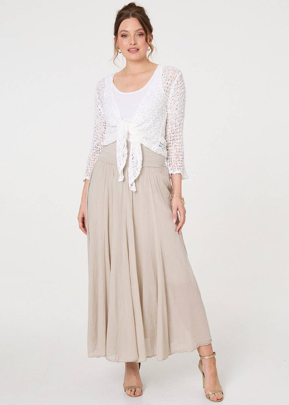 Izabel London White Crochet Open Knit Waterfall Cardigan