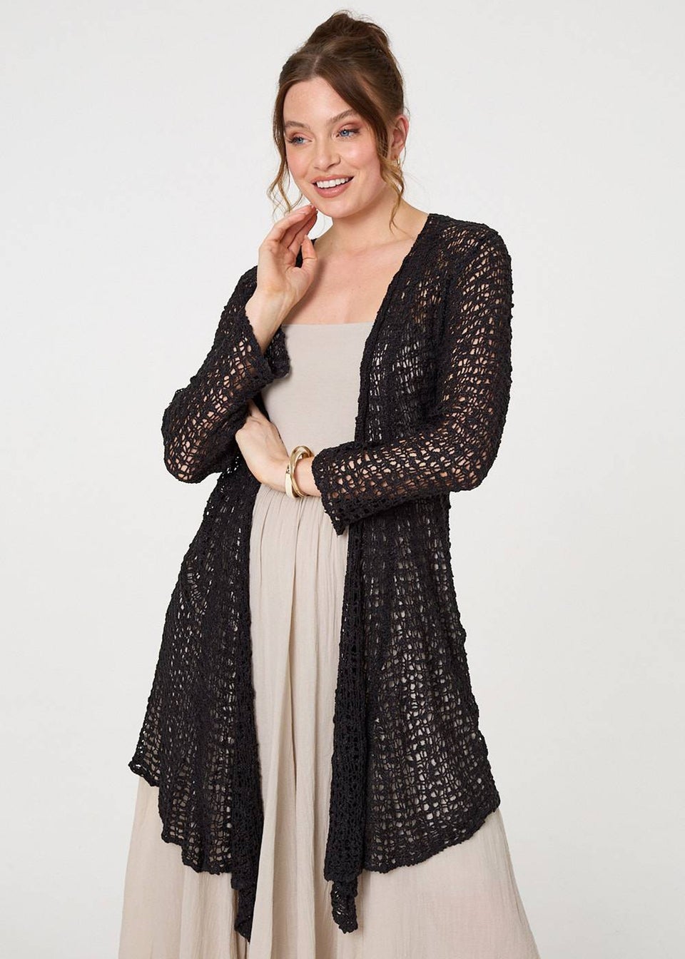 Izabel London Black Crochet Knit Longline Waterfall Cardigan