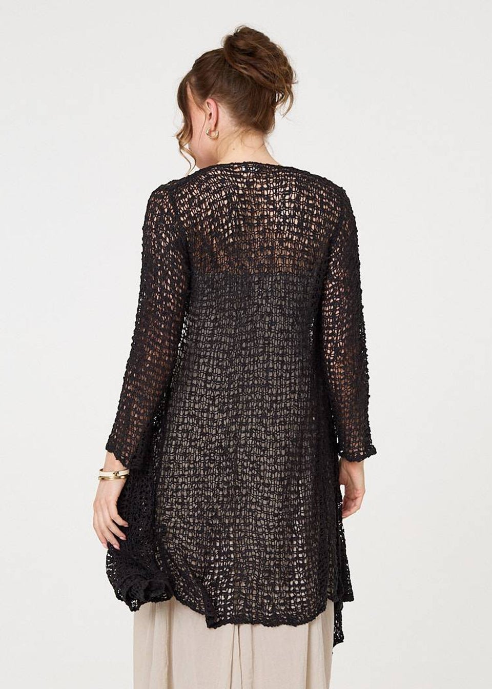 Izabel London Black Crochet Knit Longline Waterfall Cardigan