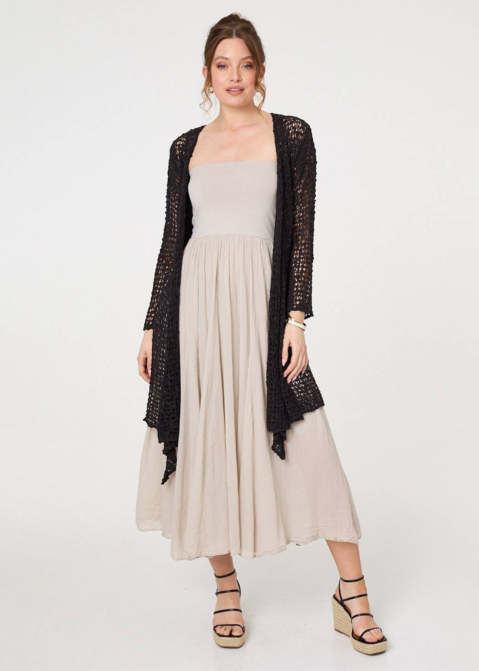 Izabel London Black Crochet Knit Longline Waterfall Cardigan
