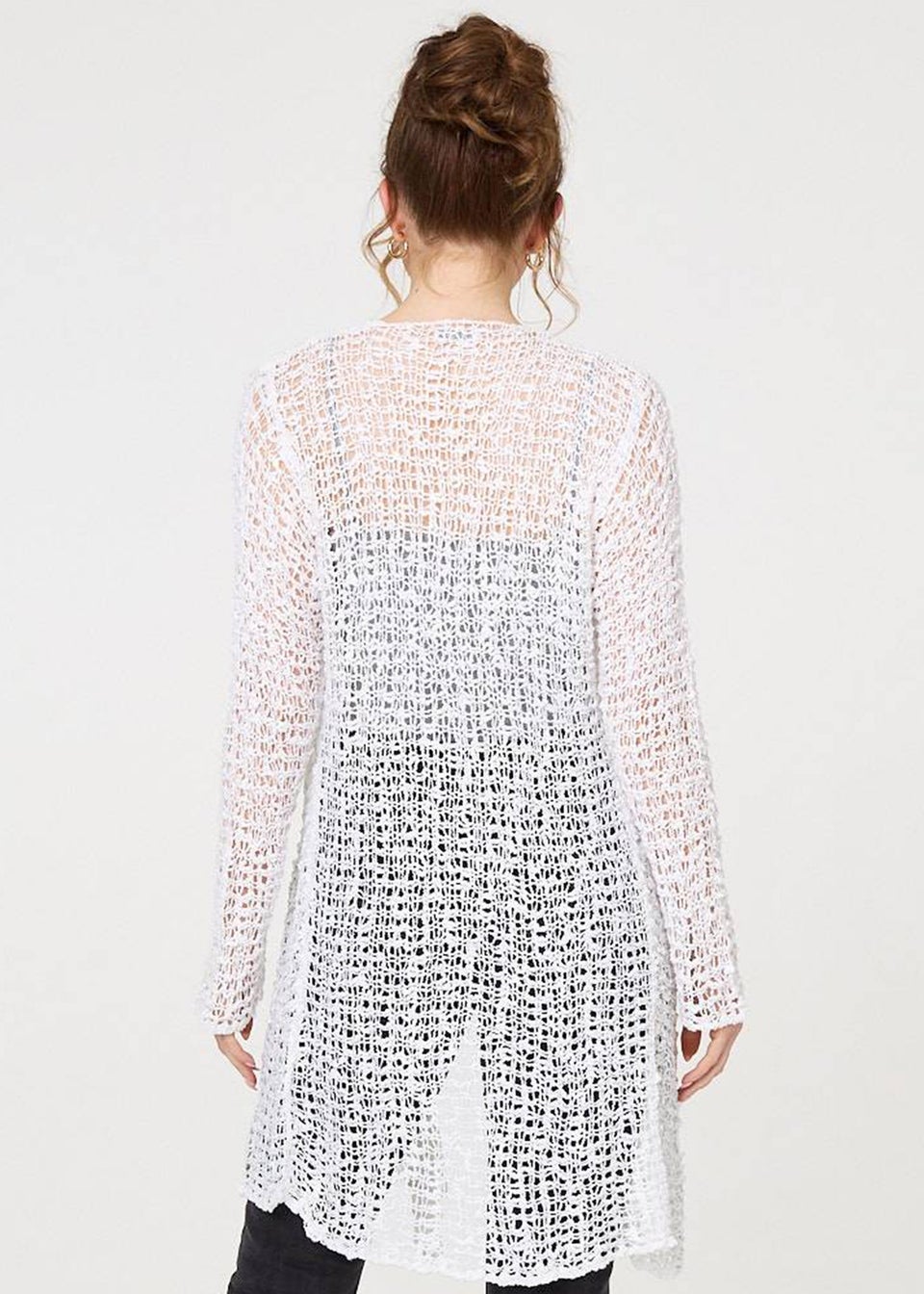 Izabel London White Crochet Knit Longline Waterfall Cardigan