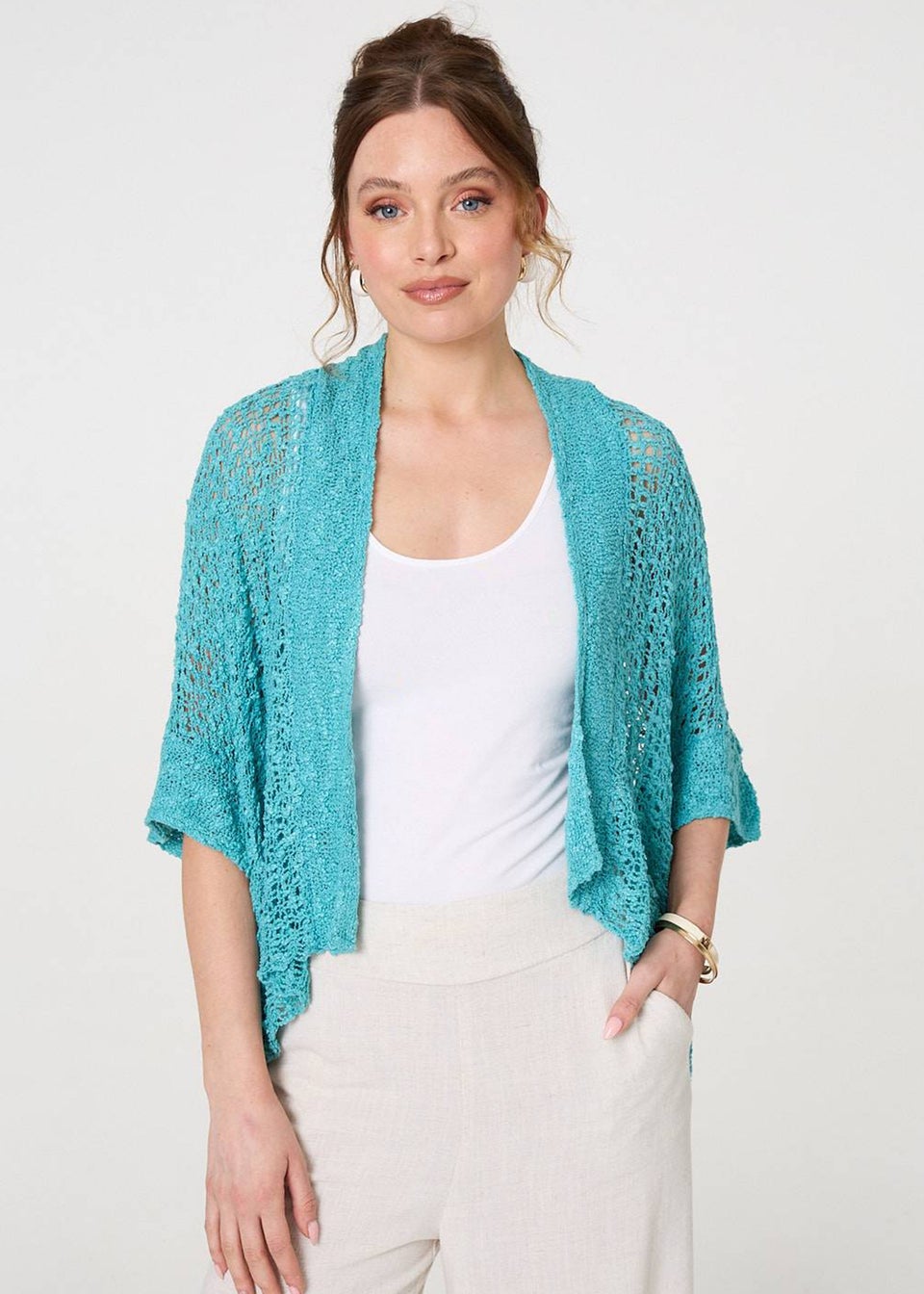 Izabel London Turquoise Crochet Knit Texture Waterfall Cardigan