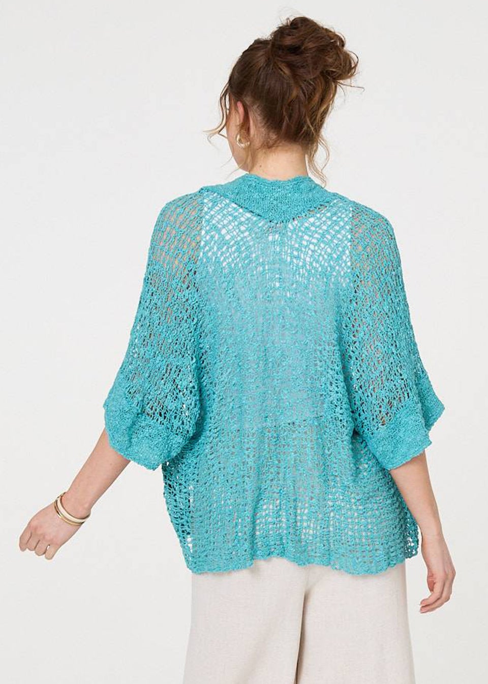 Izabel London Turquoise Crochet Knit Texture Waterfall Cardigan