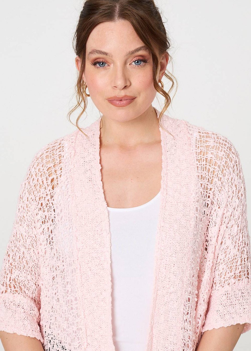 Izabel London Pink Crochet Knit Texture Waterfall Cardigan