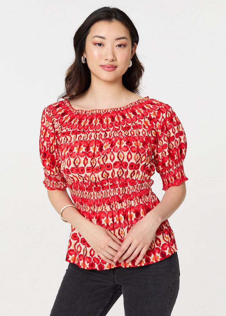 Izabel London Red Printed Shirred 1/2 Sleeve Bardot Top