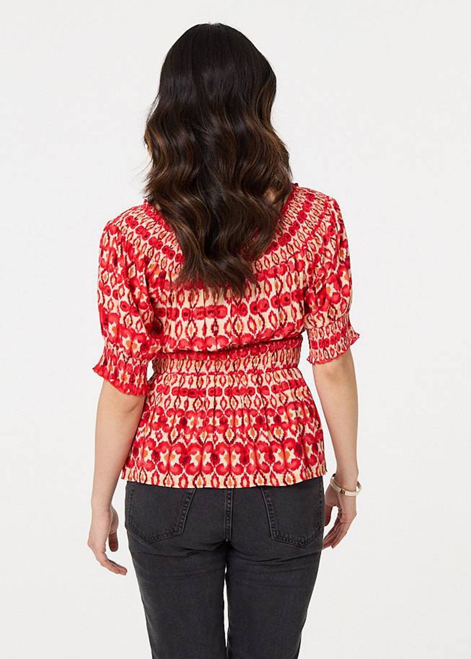 Izabel London Red Printed Shirred 1/2 Sleeve Bardot Top