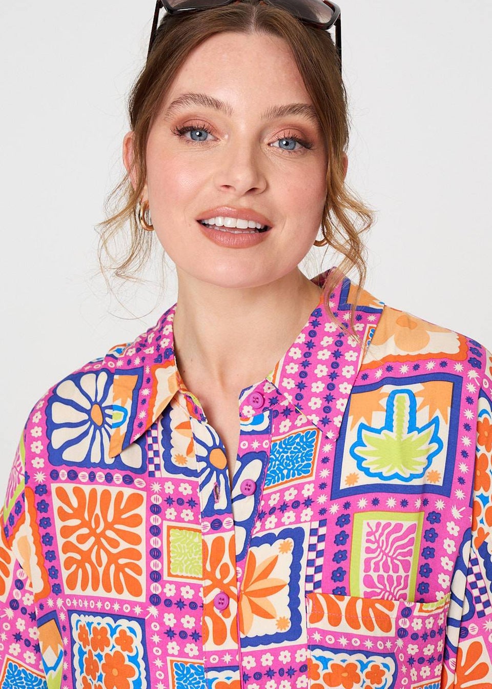 Izabel London Pink Patchwork Print Short Sleeve Shirt