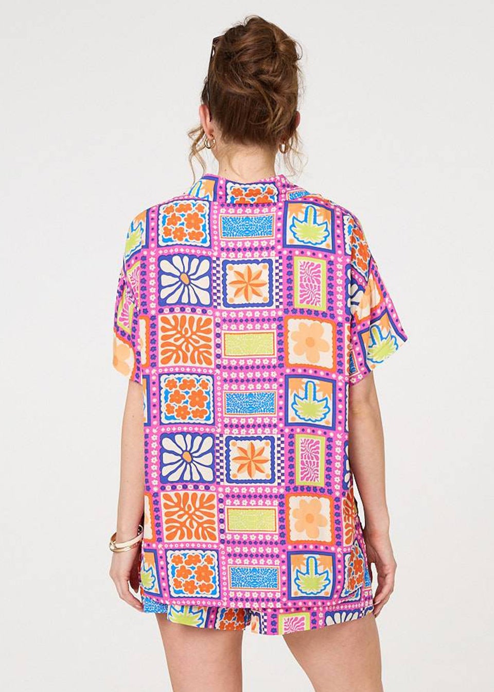 Izabel London Pink Patchwork Print Short Sleeve Shirt