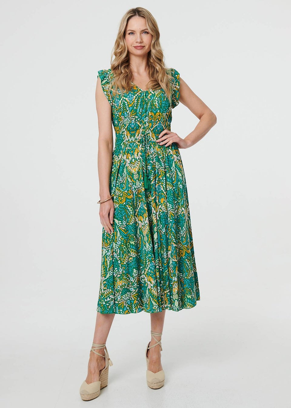Izabel London Green Leaf Print Frilled Sleeveless Midi Dress
