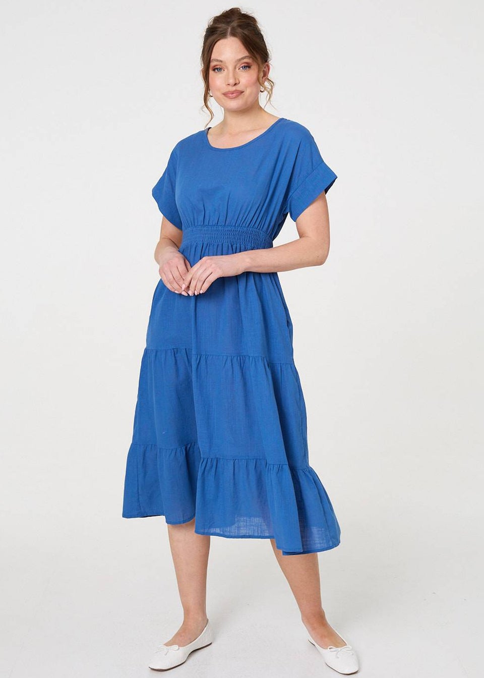 Izabel London Blue Relaxed Short Sleeve Tiered Midi Dress